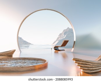 Restorative escape concept. Winter arctic surreal place with wooden lounge chairs and pool. Metaverse travelling to surreal places. 3d render