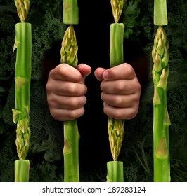 Restricted Diet And Calorie Restriction Food Concept With Prison Bars Made Of Asparagus Vegetables And Hands Of A Prisoner Holding The Jail As A Dieting Metaphor For The Stress  In Healthy Eating.