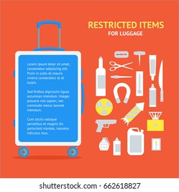 Restricted Items Set And Suitcase Banner Card Flat Design Style. Illustration