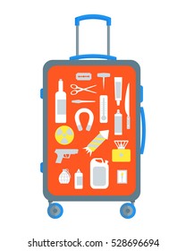 Restricted Items Set In The Suitcase Flat Design Style. Illustration