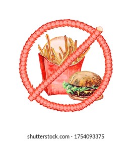 Restricted sign made from red empty packs and fast food isolated on white background. Stop eating fast food concept