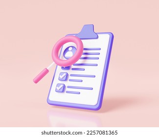 Resume profile for job interview with magnifier. Human resources and resume concept. Job search, CV card, HR, recruitment agency, Searching New Employee, human resources. 3d rendering illustration - Powered by Shutterstock