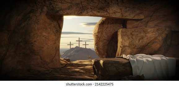 Resurrection Happy Easter He is Risen Light In The Empty Tomb With Crucifixion At Sunrise 3D Render