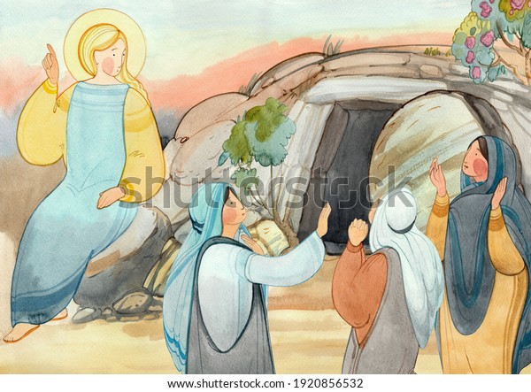 Resurrection of Jesus Christ, Easter,Holy\
Sepulcher, the angel speaks with the myrrh-bearing women about the\
resurrection. For Christian church publications, Easter cards,\
prints, easter banner,\
bord\
