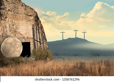 Resurrection Scene - Empty Tomb And Three Crosses On A Hill