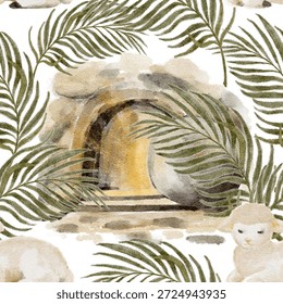 Resurrection scene seamless pattern empty tomb, palm leaves, lamb, hand-painted watercolor, Christian composition for Easter designs, faith branding, packaging, textiles, backgrounds. Soft earth tones
