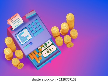 Retail Business Concept. Cash Register With Coins And Banknotes. Retail Income. Profit From Company. Cash Register On Purple. Business Revenue. Revenue From Commercial Activities. 3d Rendering.