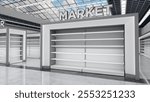 Retail shelves mockup in supermarket interior, transparent vaulted roof with view of blue sky with clouds. 3d illustration