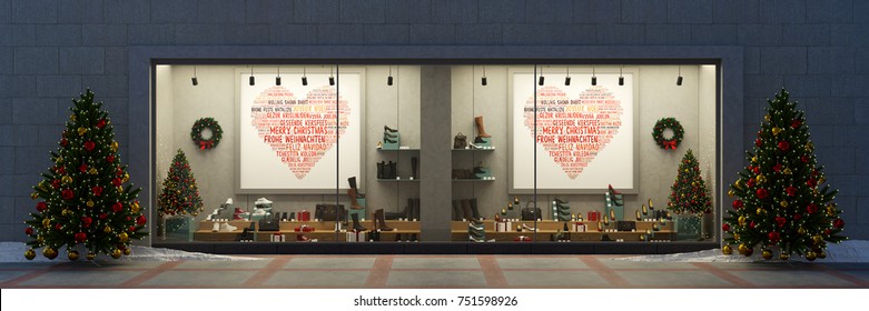 Retail Store Christmas Showcase Window With Many Shoes At Shopping Center (3D Rendering)