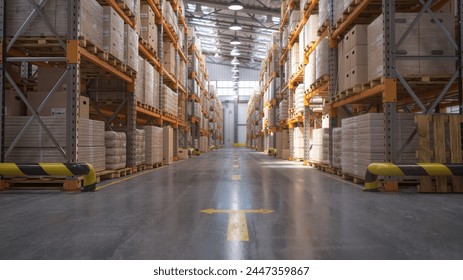 Retail warehouse full of shelves with cardboard boxes and packages. Logistics, storage, and delivery industrial background. 3d illustration - Powered by Shutterstock