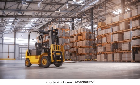 Retail warehouse full of shelves with cardboard boxes and packages. Logistics, storage, and delivery industrial background. 3d illustration - Powered by Shutterstock