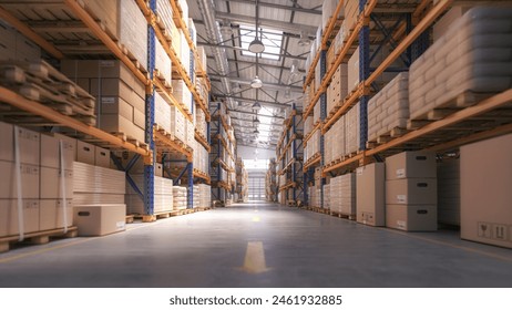 Retail warehouse full of shelves with cardboard boxes and packages. Logistics, storage, and delivery industrial background. 3d illustration