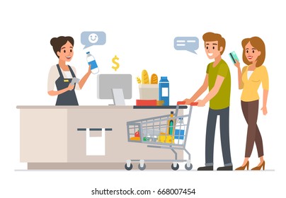 Retail woman cashier with barcode scanner and young couple with purchases. Family shopping in supermarket and paying with card.  - Powered by Shutterstock