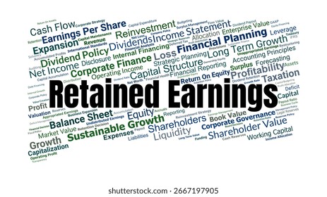 Retained Earnings Word Cloud. Composition Of Words Related To Profits, Dividends, Equity, Reinvestment, Growth, And Financial Reporting In Corporate Finance.