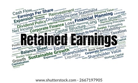 Retained Earnings Word Cloud. Composition Of Words Related To Profits, Dividends, Equity, Reinvestment, Growth, And Financial Reporting In Corporate Finance.