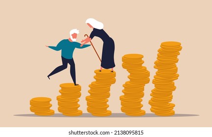 Retire money plan for age senior and financial income pension. Older people support for wealth illustration concept. Old woman and man with business tax. Superannuation and increase balance