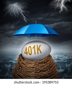 Retirement Investment Security And Financial Protection Of Savings As A Symbol With 401 K On An Egg In A Nest With A Blue Umbrella Against Volatile Storms And Hardship In The Economy.