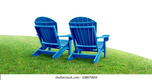 Retirement Planning symbol with two empty blue adirondack lawn chairs sitting on green grass as a financial concept of future successful investment strategy on a white background. - Powered by Shutterstock