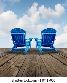 Retirement relaxation and financial planning symbol with two empty blue adirondack chairs on a wood patio deck with a sky view as a business freedom concept of future successful investment strategy.