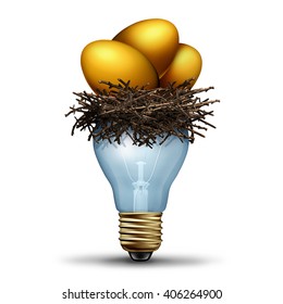 Retirement Savings Idea As A Financial Concept For Finance Planning As A Golden Nest Egg  Resting In A Light Bilb As A Banking And Wealth Management Solution As A 3D Illustration.