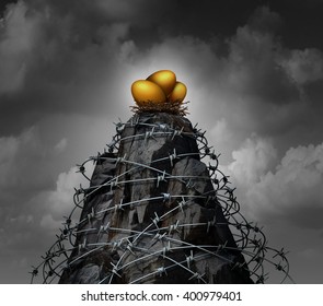 Retirement Savings Security Investment Business Concept As A High Mountain Cliff Wrapped With Dangerous Barbed Wire As An Insurance Symbol For Protecting Assets As A 3D Illustration.