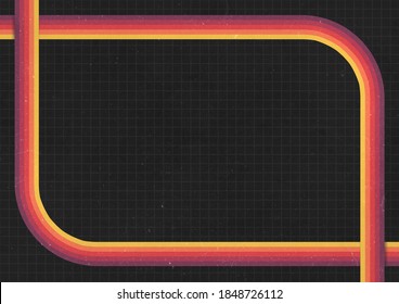 A retro 1970's or 1980's dark graphic background design for use as a product, poster or flyer background with yellow, orange and red curved stripes with corner border and copy space for design