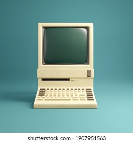 Retro 1980's Style Beige Desktop Computer And Built In Screen And Keyboard.  3D Illustration.