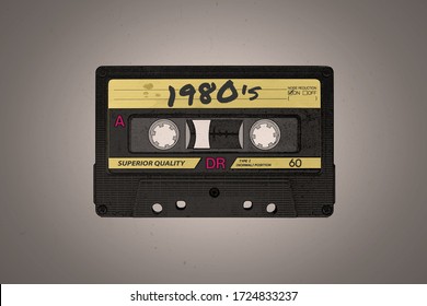 A retro 1980's themed black and yellow aged audio cassette illustration background with copy space