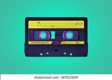 A retro 1990's or 1980's themed vibrant neon synthwave style audio cassette illustration background with copy space