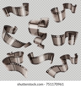 Retro 35mm Foto And Movie Film Roll Set. Video Tape Part, Illustration Of Cinematography Multimedia Tape Photography