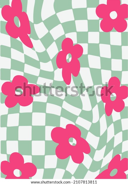 Retro 70s daisy flowers illustration\
print with distorted checkered pattern\
background.