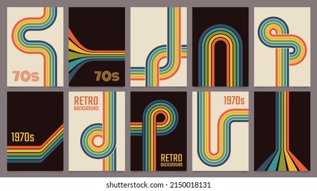 Retro 70s Geometric Posters, Vintage Rainbow Color Lines Print. Groovy Striped Design Poster, Abstract 1970s Colorful Background  Set. Minimalistic Old-fashioned Cover For Artwork