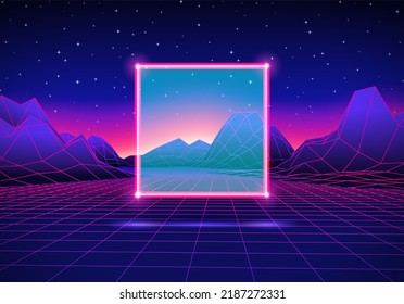 Retro 80s Styled Futuristic Landscape With Neon Square And Shiny Computer Grid For Party Poster, Flyer Or Mix Cover