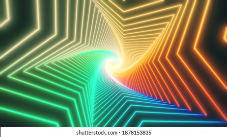 Retro Abstract glowing star tunnel video for edm music animation. Flight sci-fi tunnel seamless loop. VJ motion graphics for music video for club concert, high tech background. 80s Time warp portal
