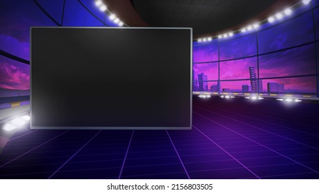 Retro Aesthetic Virtual Background With An Empty Monitor. An Angle View TV Backdrop Ideal For Tech Shows, Or Technology Events. 3D Render Suitable On VR Tracking Systems With Green Screen