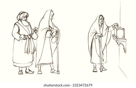 Retro age holy god pover need jew prayer stand hold give put purse divine art sketch story. Hand drawn spiritual elder senior east arab human social law lady hold sacred alm 2 mite pray house building - Powered by Shutterstock