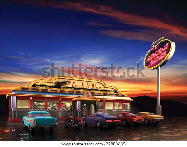 Retro American diner at\
dusk