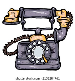 Retro Antique Telephone From Old Call Centre. Vintage Phone From Past Time For Communication, Chat, Talk. Hand Drawn Old School Style Comics Cartoon Illustration. Isolated Drawing.