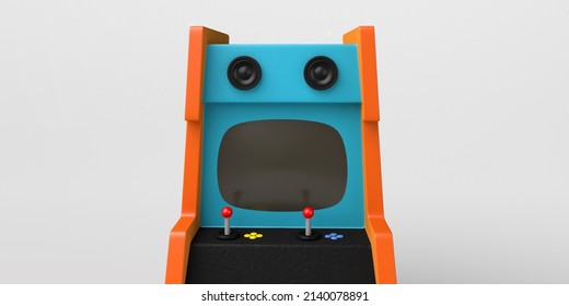 Retro Arcade Game Machine Isolated On White Background. Arcade Room. Copy Space. Gaming Concept. 3D Illustration.