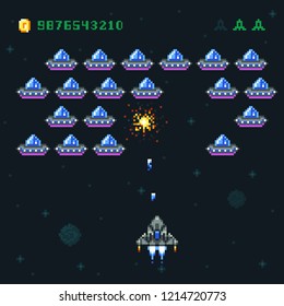 Retro Arcade Game Screen With Pixel Invaders And Spaceship. Space War Computer 8 Bit Old Graphics