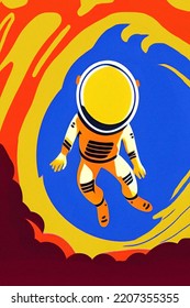 Retro Astronaut, Concept Art In A Vintage Style. Colorful Spaceman Original Illustration. Floating Alone In Space.