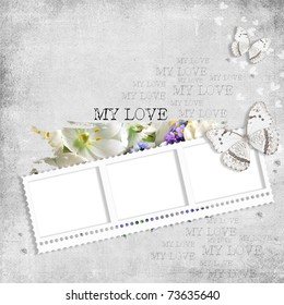retro background with stamp-frame, diamonds, text love, flowers and butterfly