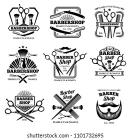 Retro barber shop badges. Modern haircut salon labels and hairdresser emblems. Illustration of barber shop emblem and hairdresser salon badge