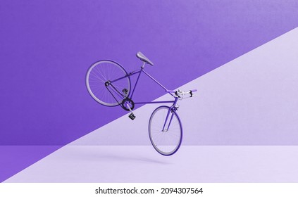 Retro Bike Flying With Wall Divided Into Two Colors. Minimal. Color Of The Year 2022 Very Peri. 3d Rendering