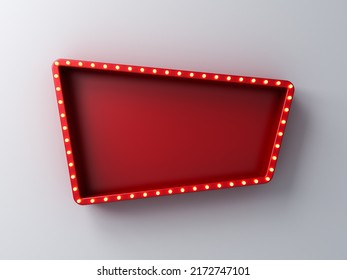 Retro Billboard Sign Box Or Blank Shining Signboard With Glowing Yellow Neon Light Bulbs Isolated On White Wall Background With Shadow 3D Rendering