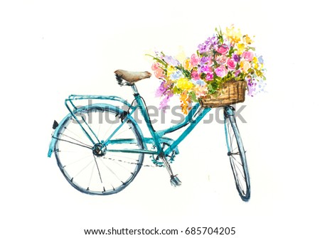 Retro blue bike with flowers in basket  on white isolation, Bike watercolor painting
