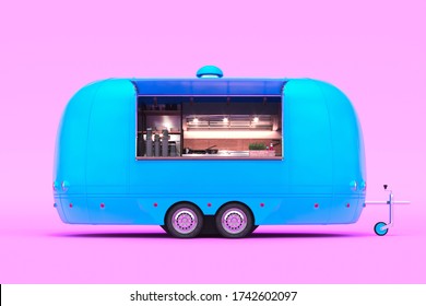 Retro Blue Food Truck With Detailed Interior Isolated on Pastel Pink Background. Takeaway Food and Drinks. 3d rendering