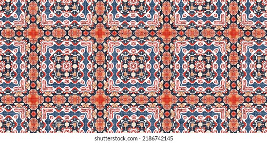 Retro Blue Red Pattern Clash Geometric Bandana Border. Masculine Fashion Edging Trim Banner With Nantucket Style Decorative Design. Endless Repeatable Tape