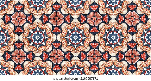 Retro Blue Red Pattern Clash Geometric Bandana Border. Masculine Fashion Edging Trim Banner With Nantucket Style Decorative Design. Endless Repeatable Tape