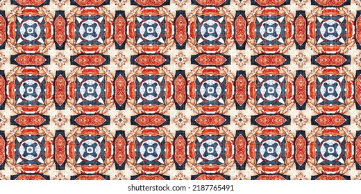 Retro Blue Red Pattern Clash Geometric Bandana Border. Masculine Fashion Edging Trim Banner With Nantucket Style Decorative Design. Endless Repeatable Tape